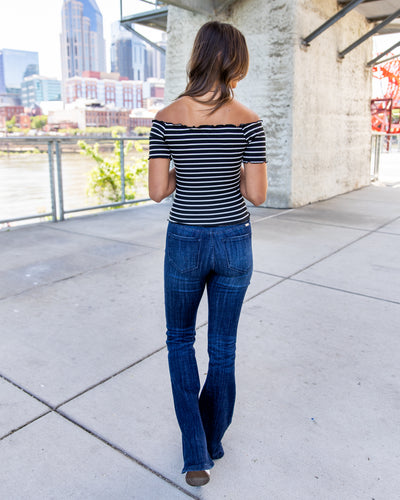 Krissy Off Shoulder Ribbed Stripe Top - Black/Off White