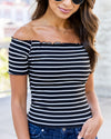 Krissy Off Shoulder Ribbed Stripe Top - Black/Off White