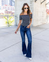 Krissy Off Shoulder Ribbed Stripe Top - Black/Off White