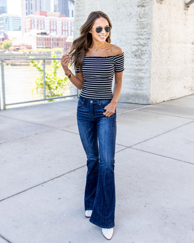 Krissy Off Shoulder Ribbed Stripe Top - Black/Off White