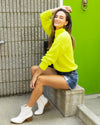 Kylie Cropped Mock Neck Sweater - Electric Yellow