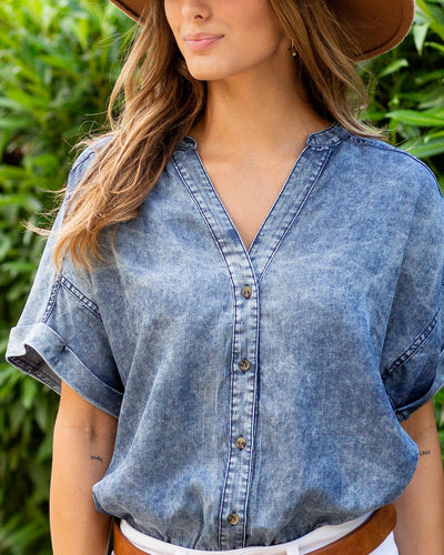 Lexi Button Up Chambray Bodysuit - Dark Wash