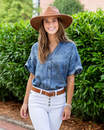 Lexi Button Up Chambray Bodysuit - Dark Wash