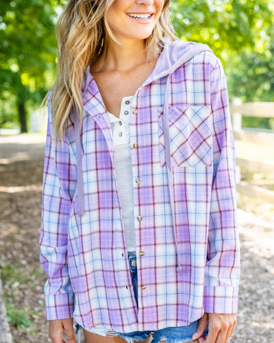 Logan Hooded Plaid Button Down Top - Lavender Multi