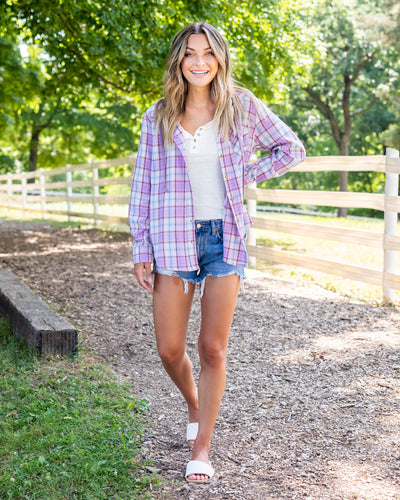 Logan Hooded Plaid Button Down Top - Lavender Multi