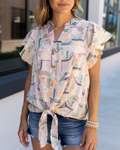 Mckinley Multi Print Front Tie Top - Light Salmon
