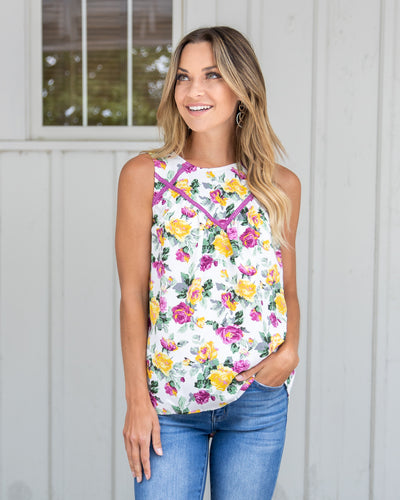 Penni Floral Lace Tank - White