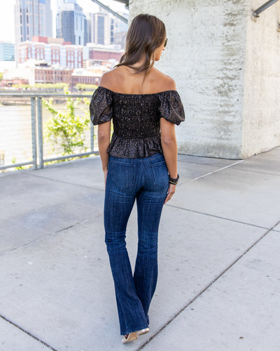 Presley Smocked Off Shoulder Leopard Print Top - Black
