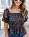 Presley Smocked Off Shoulder Leopard Print Top - Black