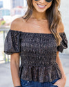 Presley Smocked Off Shoulder Leopard Print Top - Black