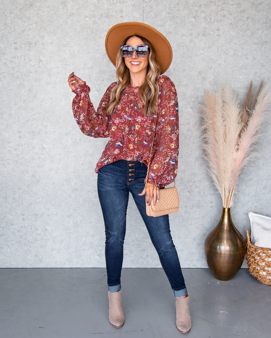 Reese Floral Swiss Dot Top - Burnt Red