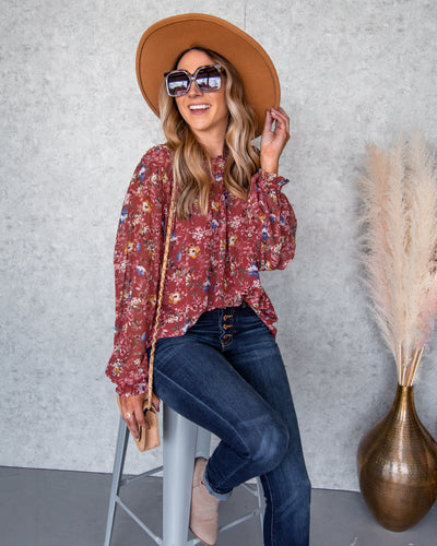 Reese Floral Swiss Dot Top - Burnt Red