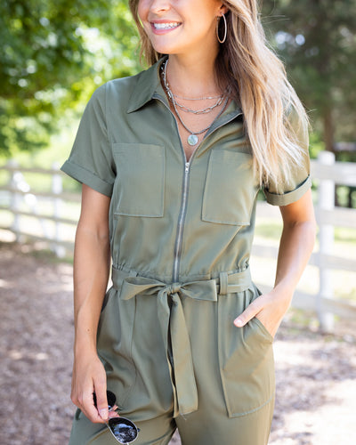 Rosie Zip Up Pocketed Jumpsuit - Olive