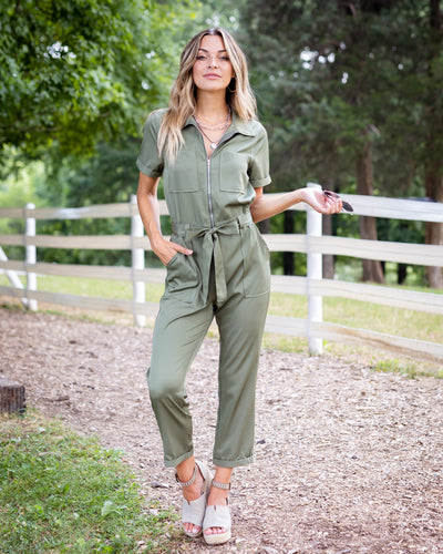 Rosie Zip Up Pocketed Jumpsuit - Olive