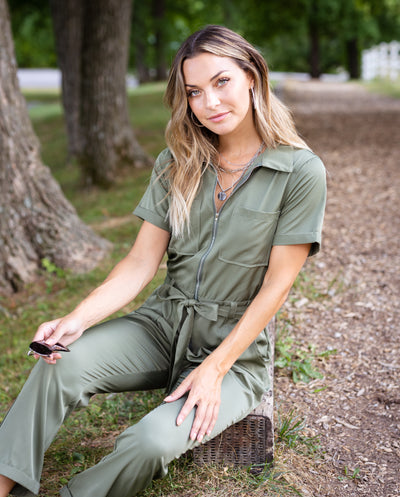 Rosie Zip Up Pocketed Jumpsuit - Olive