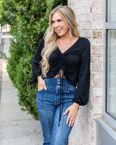 Shayla Ruched V-Neck Top - Black