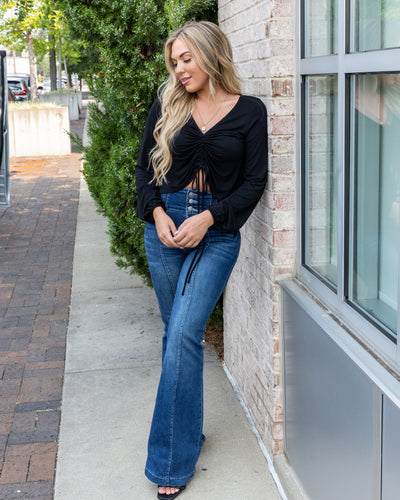 Shayla Ruched V-Neck Top - Black