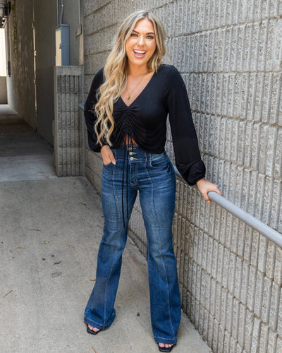 Shayla Ruched V-Neck Top - Black