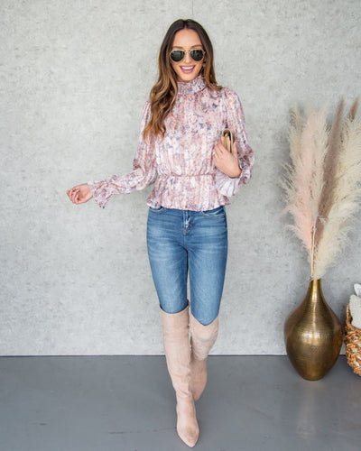 Sienna Ditsy Floral Mock Neck Top - Blush