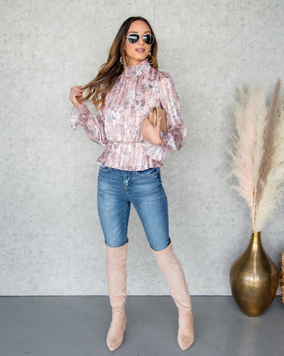 Sienna Ditsy Floral Mock Neck Top - Blush