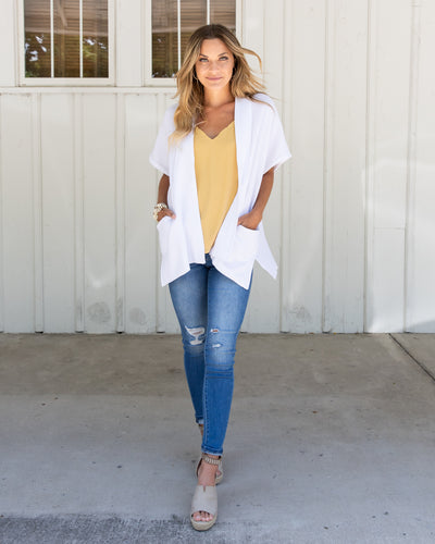 Summer Lightweight Pocketed Cotton Cardigan - White