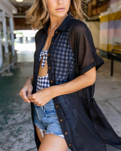 Tabby Textured Button Down Duster - Black