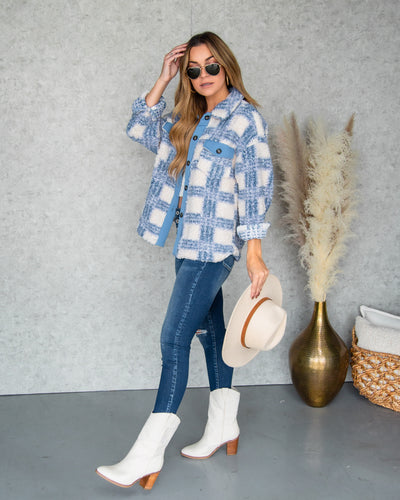 Victoria Button Down Plaid Fleece Shacket - Blue Multi