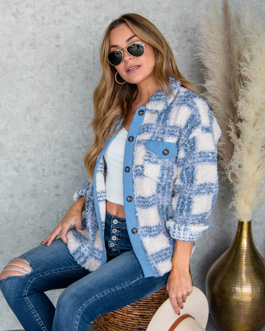 Victoria Button Down Plaid Fleece Shacket - Blue Multi