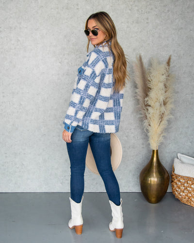 Victoria Button Down Plaid Fleece Shacket - Blue Multi