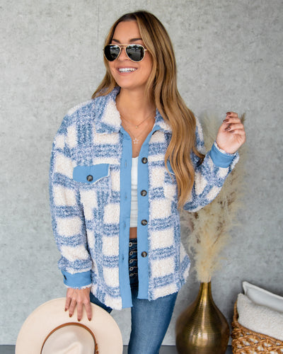 Victoria Button Down Plaid Fleece Shacket - Blue Multi