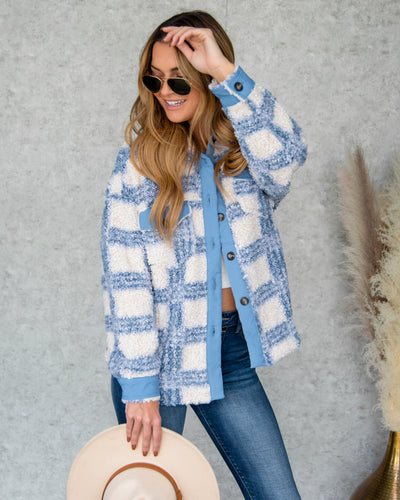 Victoria Button Down Plaid Fleece Shacket - Blue Multi