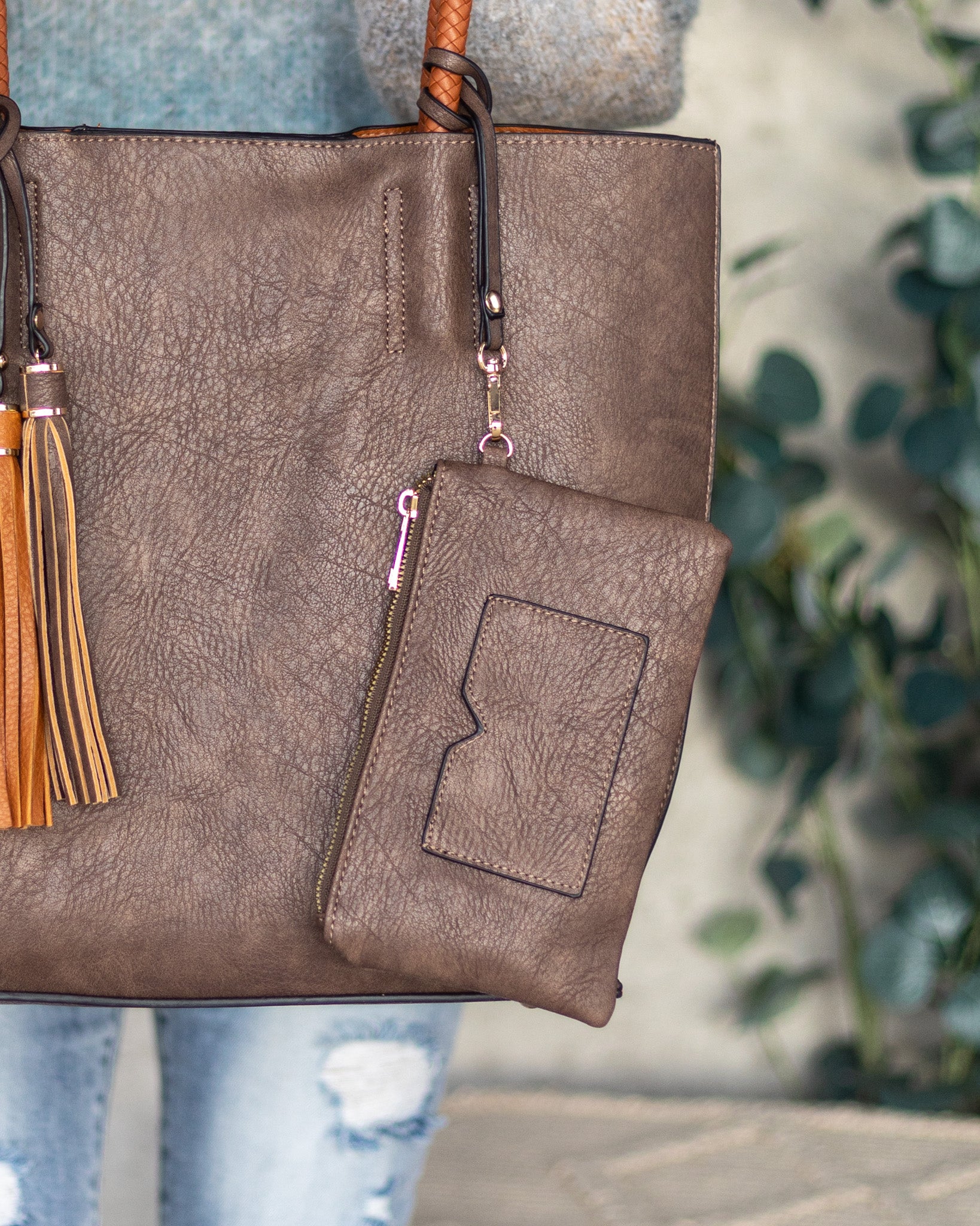 Suede leather bag in taupe brown. Crossbody or shoulder bag in