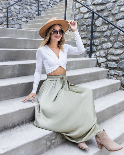 Jocelyn Smocked Satin Maxi Skirt - Light Olive