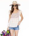 Lisa Embroidered Gingham Top - Beige