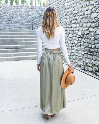 Jocelyn Smocked Satin Maxi Skirt - Light Olive