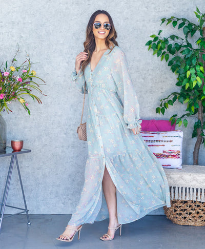 Katherine Button Down Ditsy Floral Maxi Dress - Mint