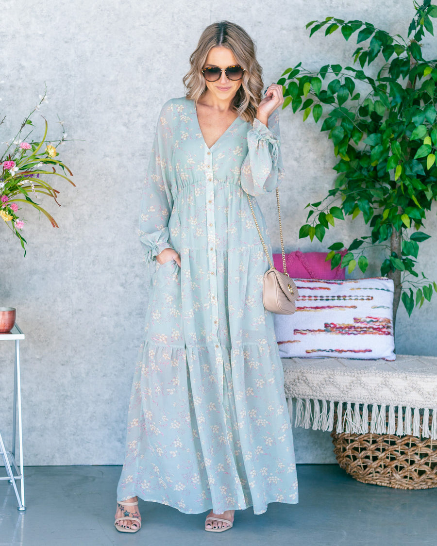 Katherine Button Down Ditsy Floral Maxi Dress - Mint