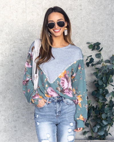 Emma Banded Floral Top - Teal