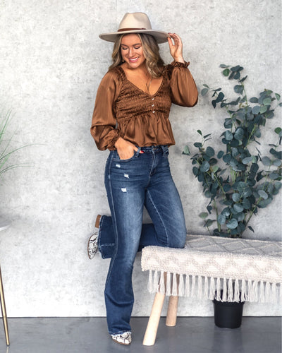 Isabel Satin Peplum Blouse - Copper