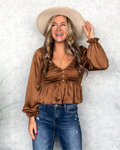 Isabel Satin Peplum Blouse - Copper