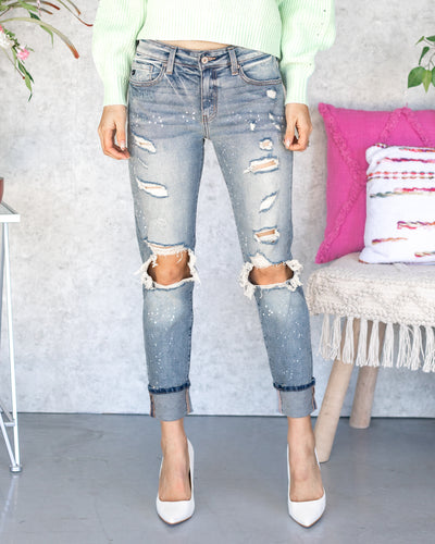 Rachel High Rise Paint Splatter Distressed Boyfriend Jeans - Light Wash