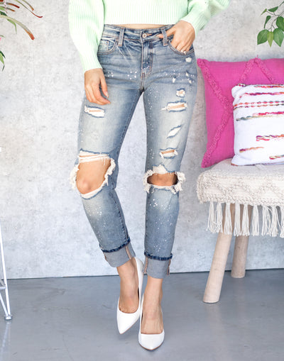 Rachel High Rise Paint Splatter Distressed Boyfriend Jeans - Light Wash