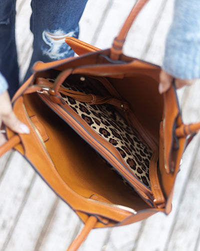 Jean Faux Leather Tote, Leopard Crossbody And Coin Purse - Cognac